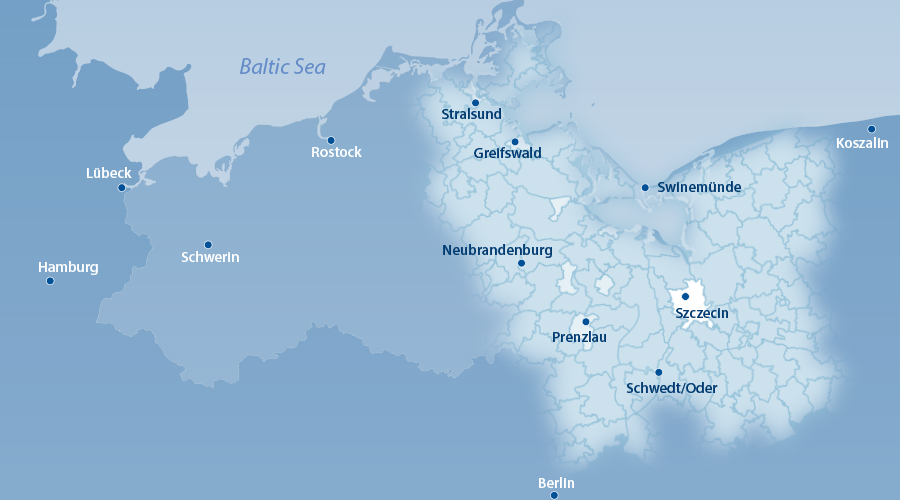 Karte der Metropolregion Stettin. Die Außengrenzen sind unscharf, eine Grenze zwischen deutscher und polnischer Seite nicht zu erkennen.